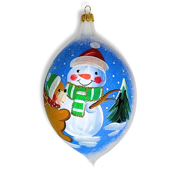 Hand Painted Large Glass Christmas Ornament Snowman Glittery Blue Vintage Style - Picture 1 of 6